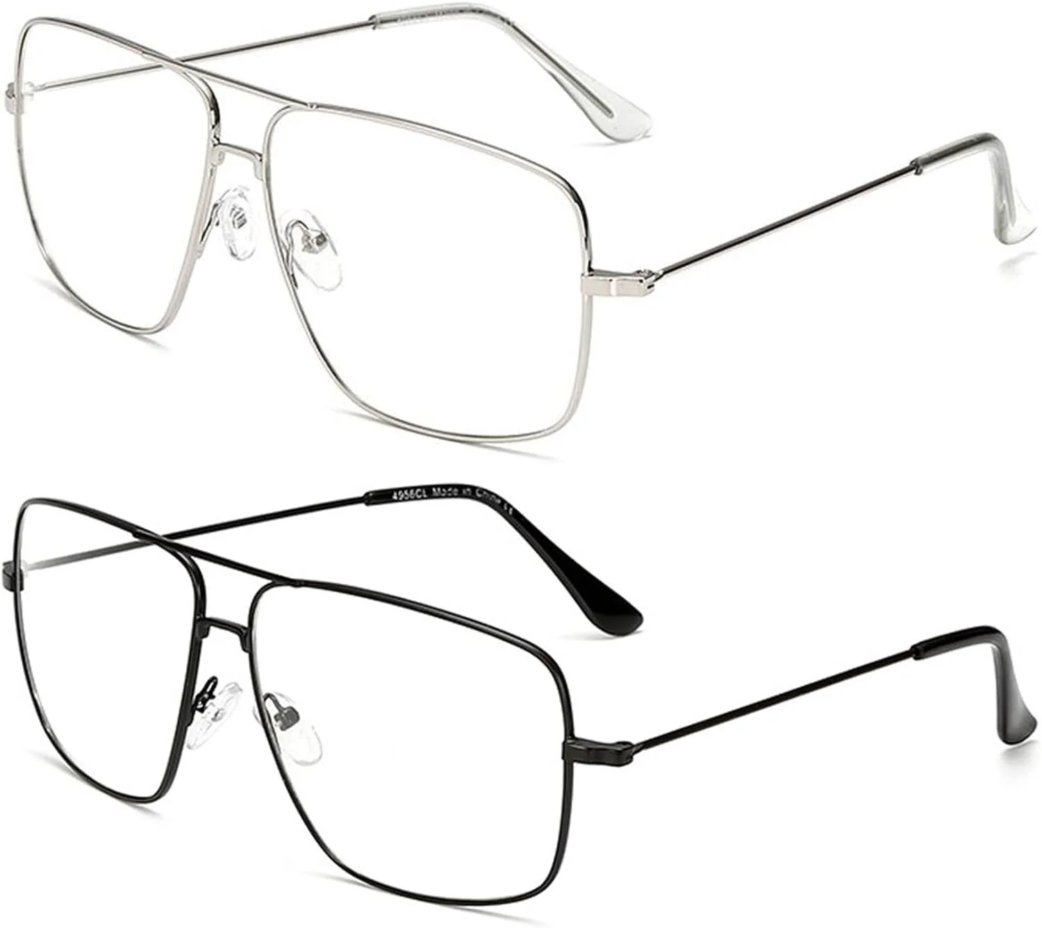 2Pk Eyeglasses Classic Pilot Style RX-Able Prescription Metal Frame Black Silver 2